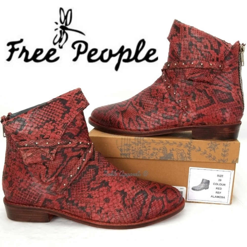 FREE PEOPLE Red Snake Pattern Studded Ankle Booties US 8.5 Slouchy Boots